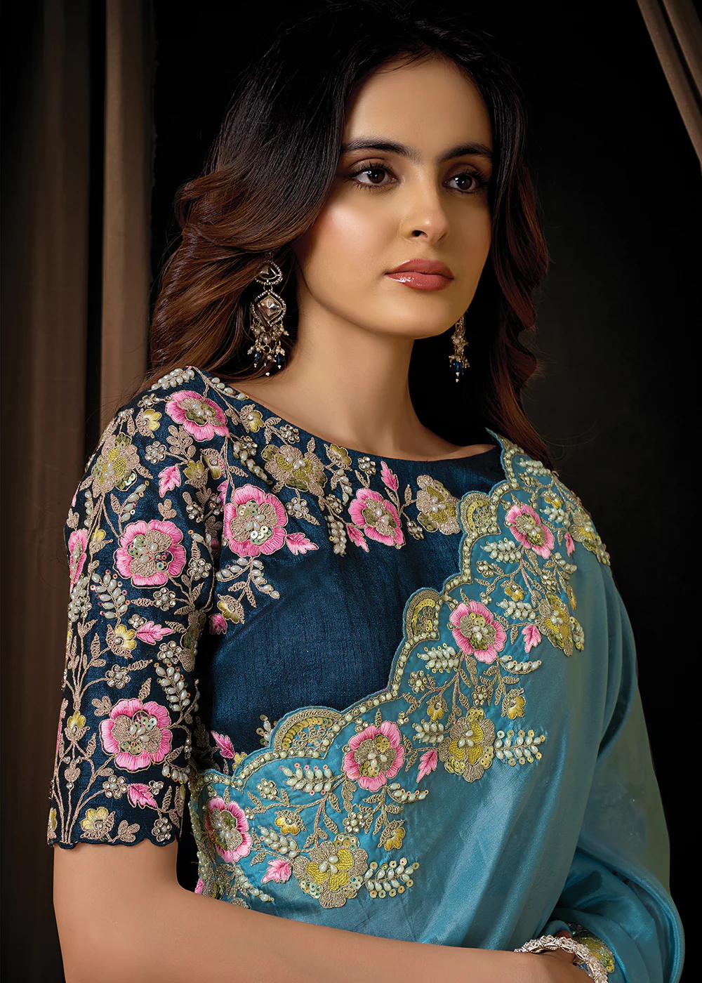 Premium Light Blue Embroidered Heavy Designer Wear Saree - Image 4