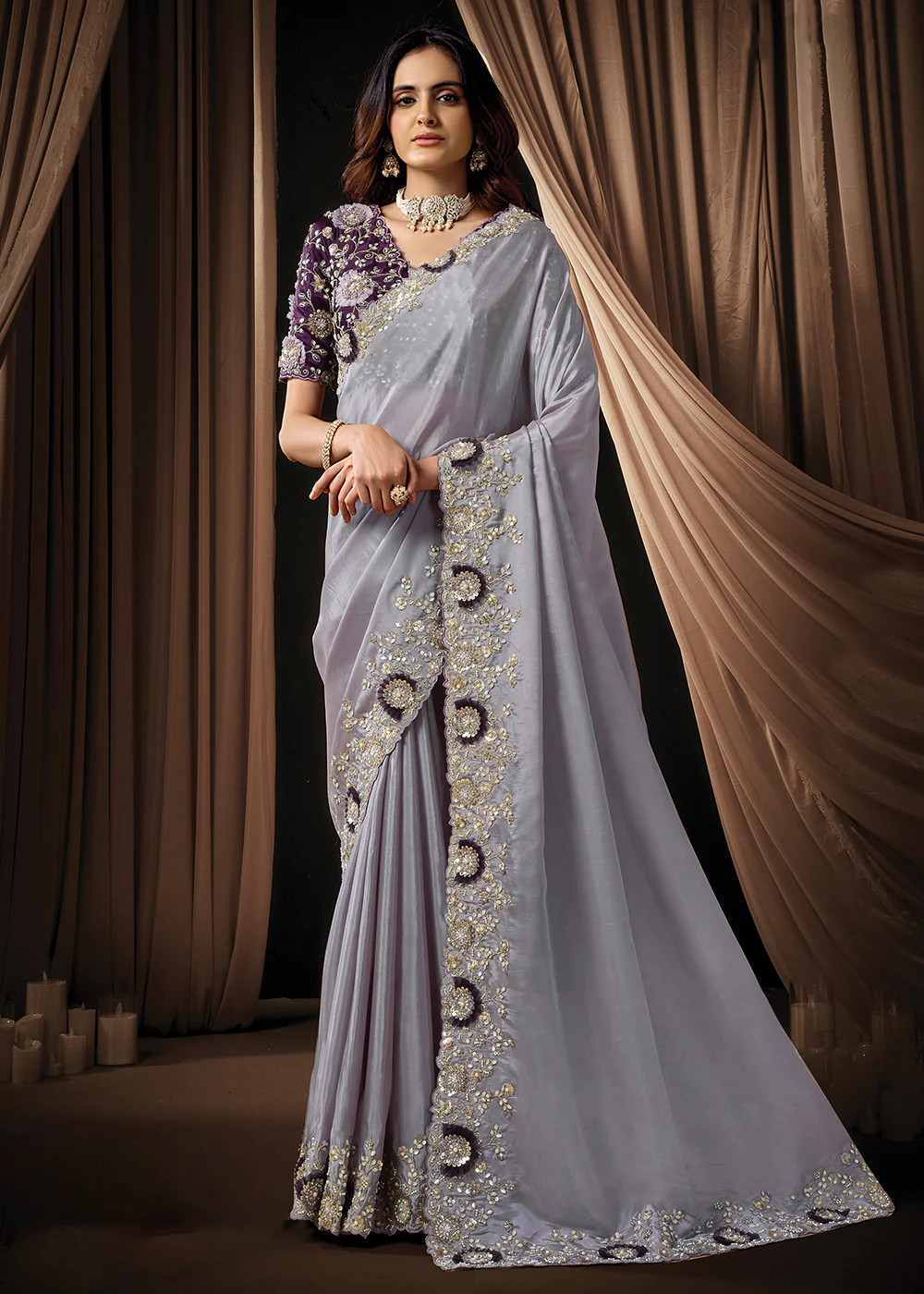 Premium Light Purple Embroidered Heavy Designer Wear Saree