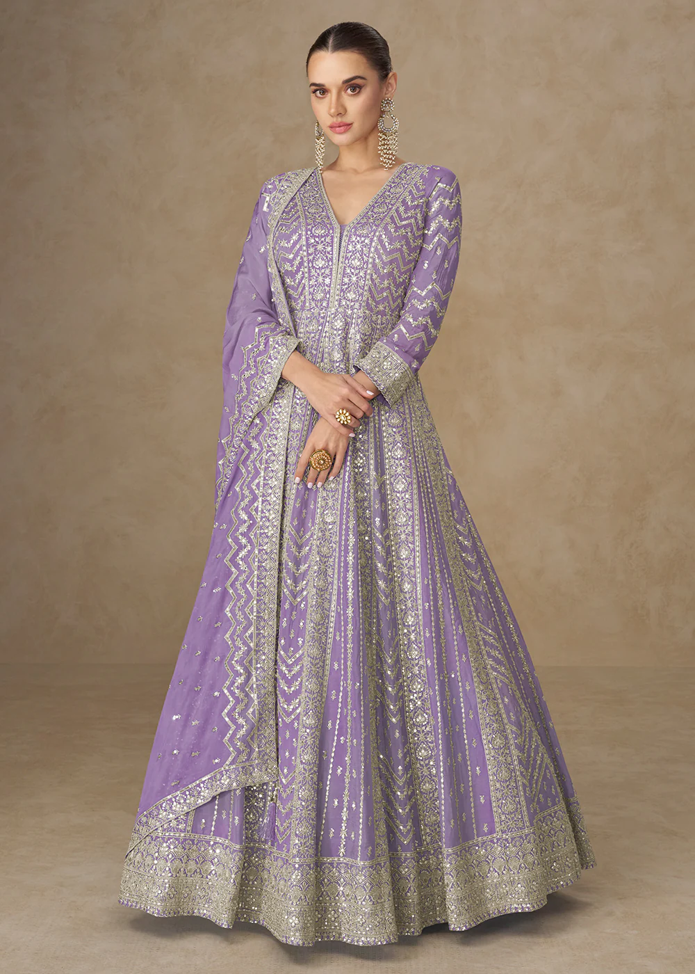 Premium Lilac Chinnon Silk Wedding Anarkali Suit