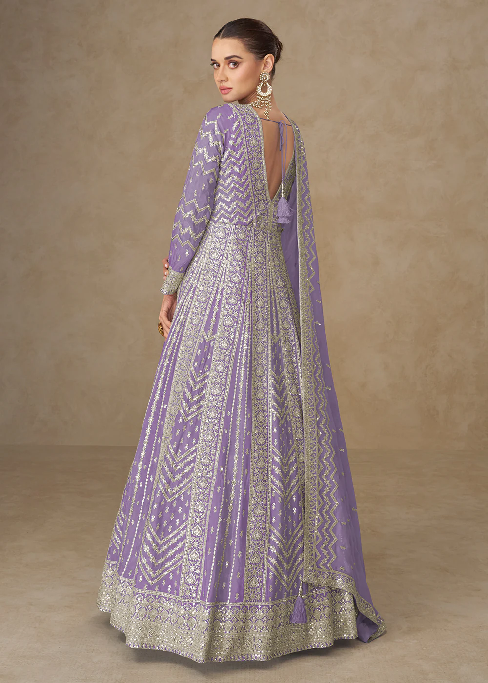 Premium Lilac Chinnon Silk Wedding Anarkali Suit - Image 3