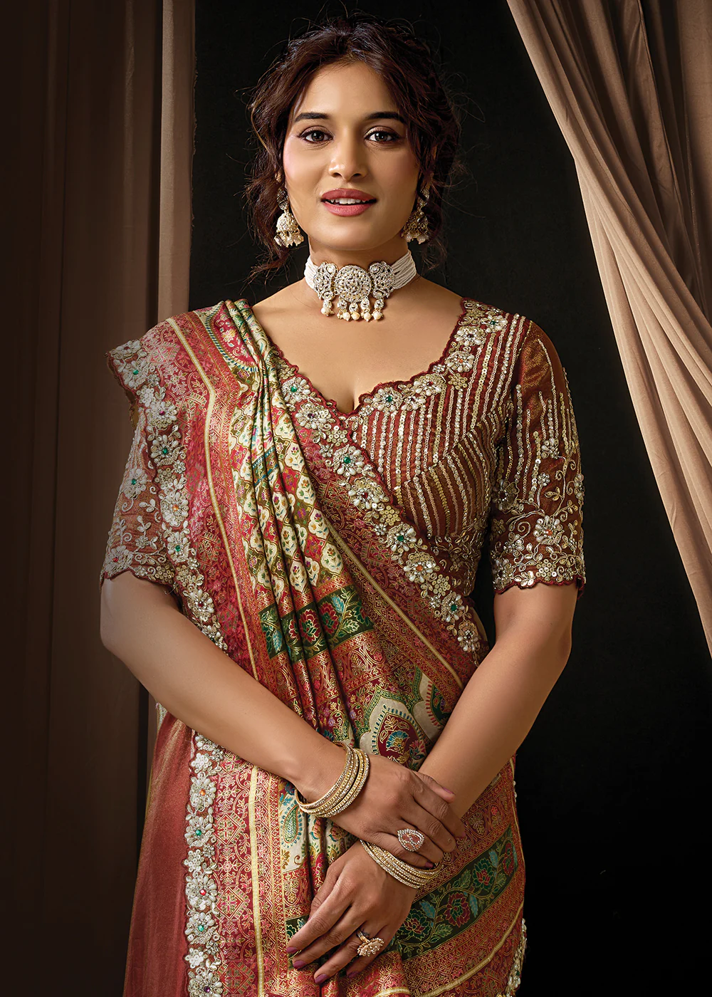 Premium Multicolor Embroidered Heavy Designer Wear Saree - Image 2