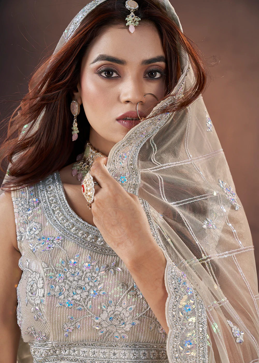 Premium Net Heavy Off White Handwork Bridal Lehenga Choli - Image 5