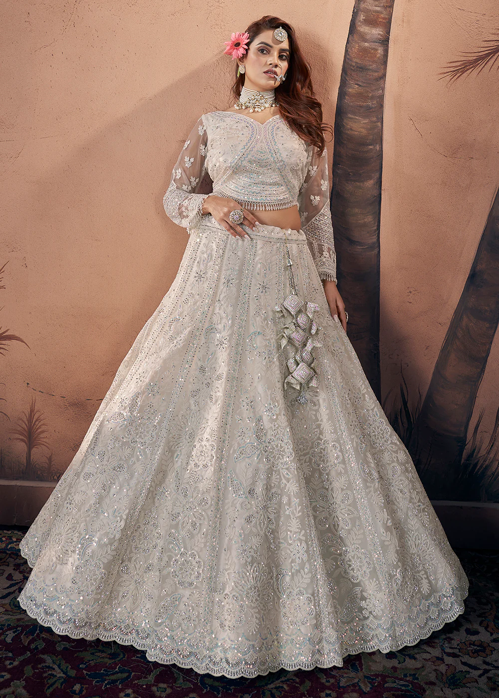 Premium Net Off White Heavy Handwork Bridal Lehenga Choli - Image 5