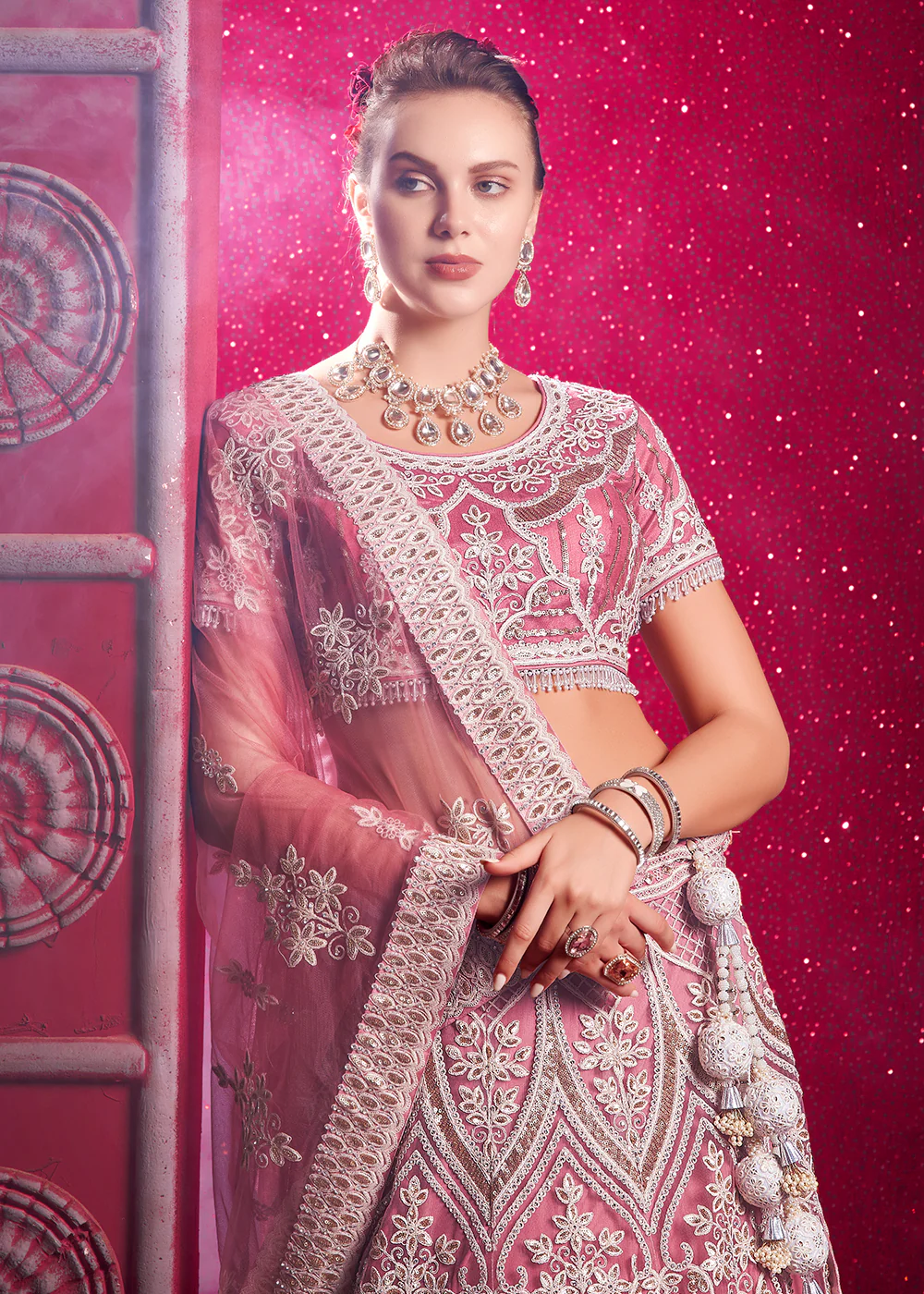 Premium Net Peach Embroidered Designer Lehenga Choli - Image 6