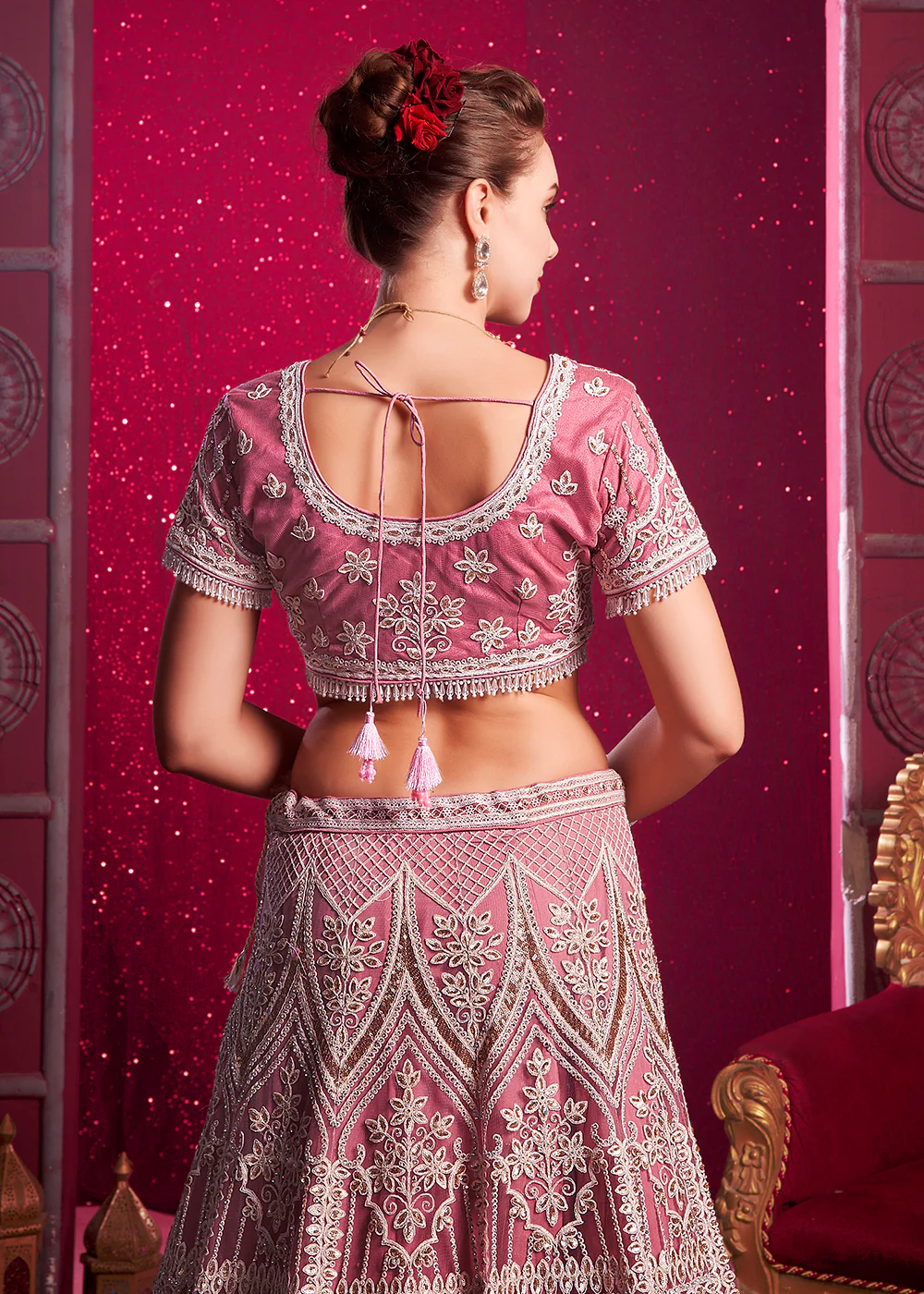 Premium Net Pink Embroidered Designer Lehenga Choli - Image 3