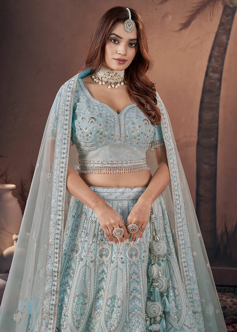 Georgette Sky Blue Heavy Handwork Bridal Lehenga Choli - Image 2