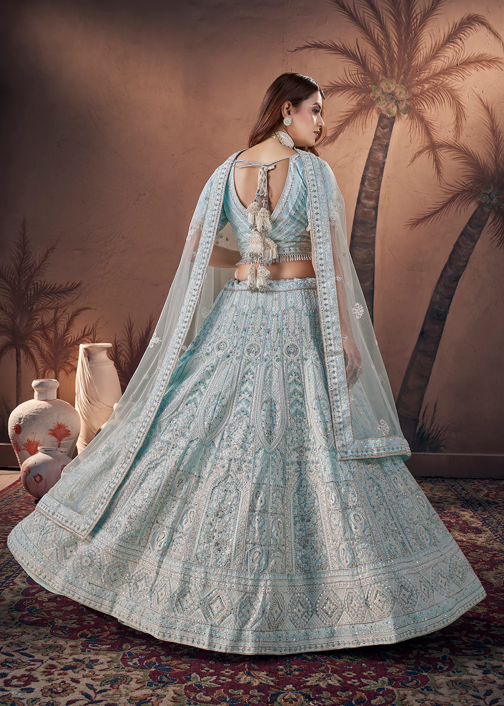 Georgette Sky Blue Heavy Handwork Bridal Lehenga Choli - Image 3