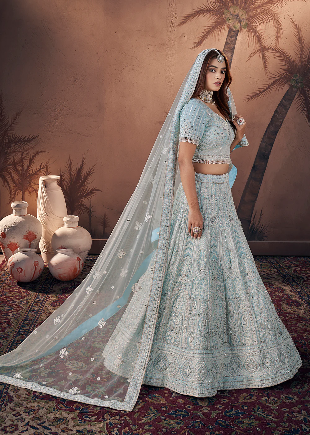 Georgette Sky Blue Heavy Handwork Bridal Lehenga Choli - Image 4