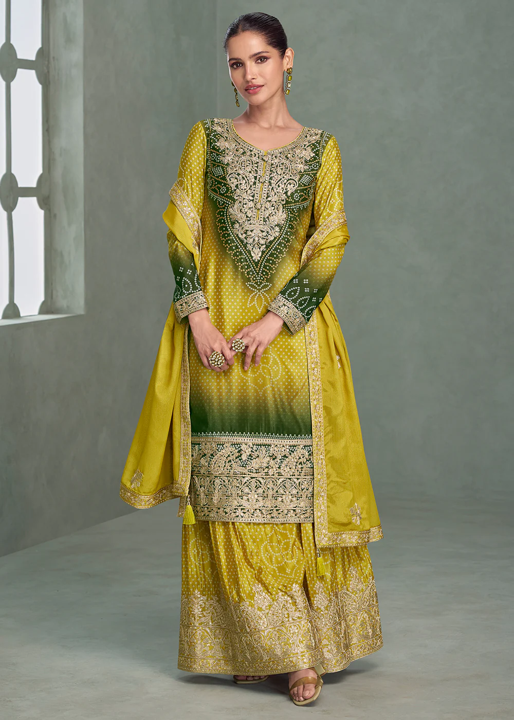Premium Ombre Mustard & Green Festive Style Palazzo Suit