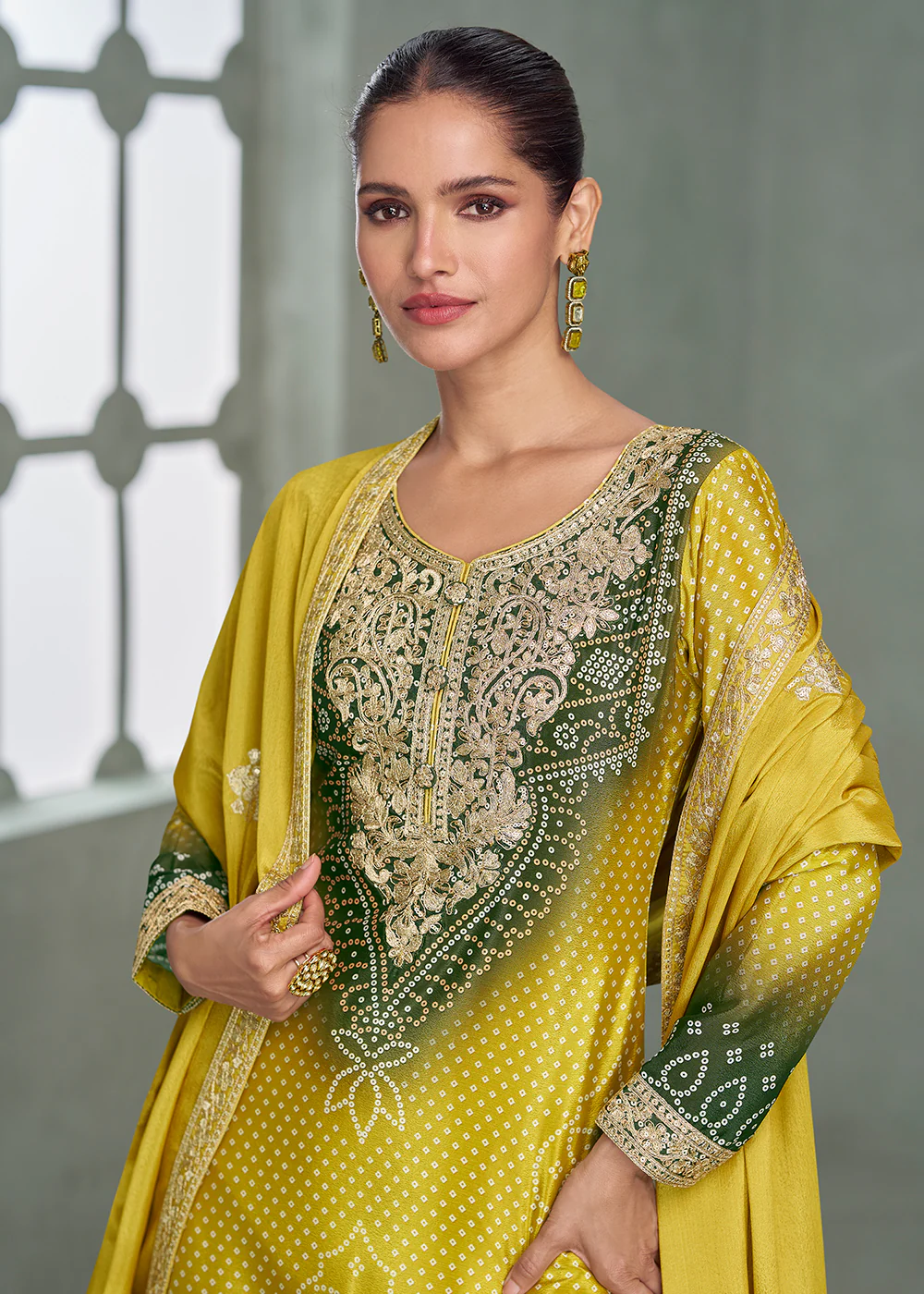 Premium Ombre Mustard & Green Festive Style Palazzo Suit - Image 2