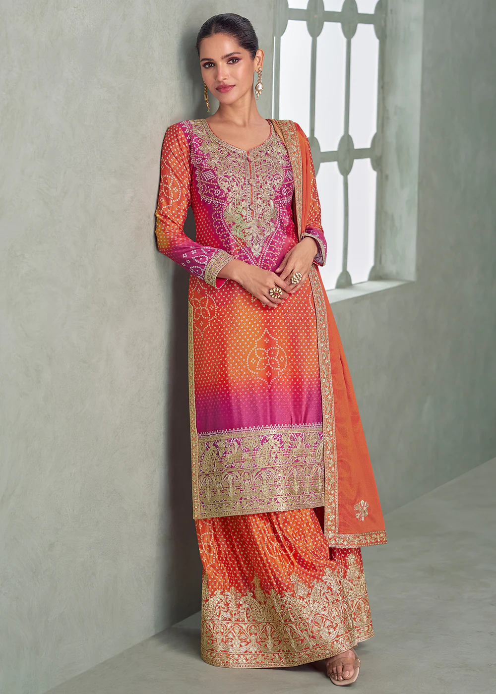 Premium Ombre Orange & Pink Festive Style Palazzo Suit