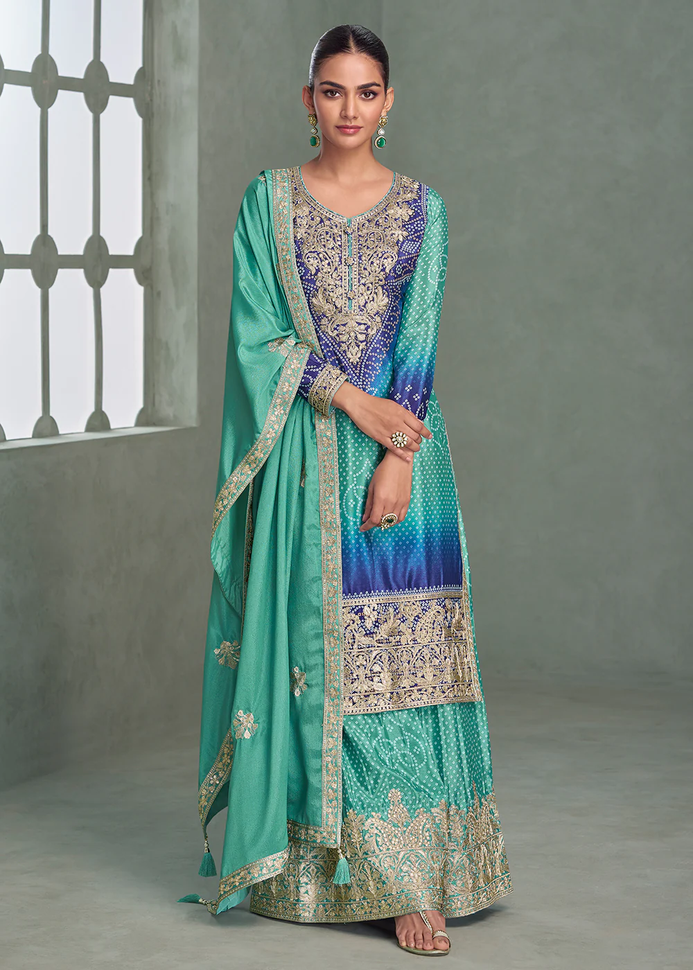 Premium Ombre Turquoise & Blue Festive Style Palazzo Suit