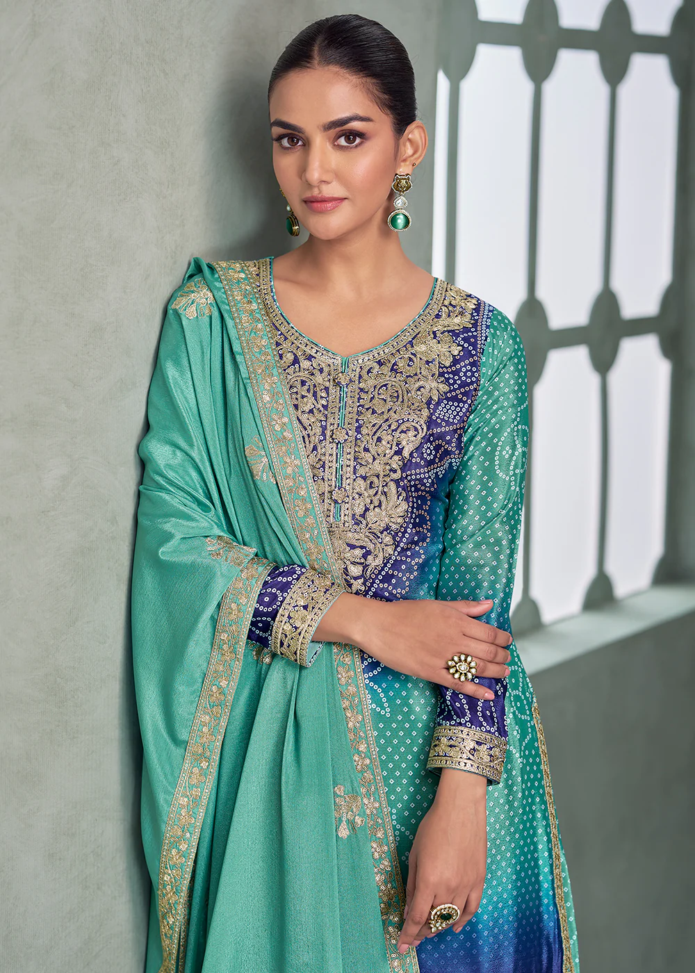 Premium Ombre Turquoise & Blue Festive Style Palazzo Suit - Image 2