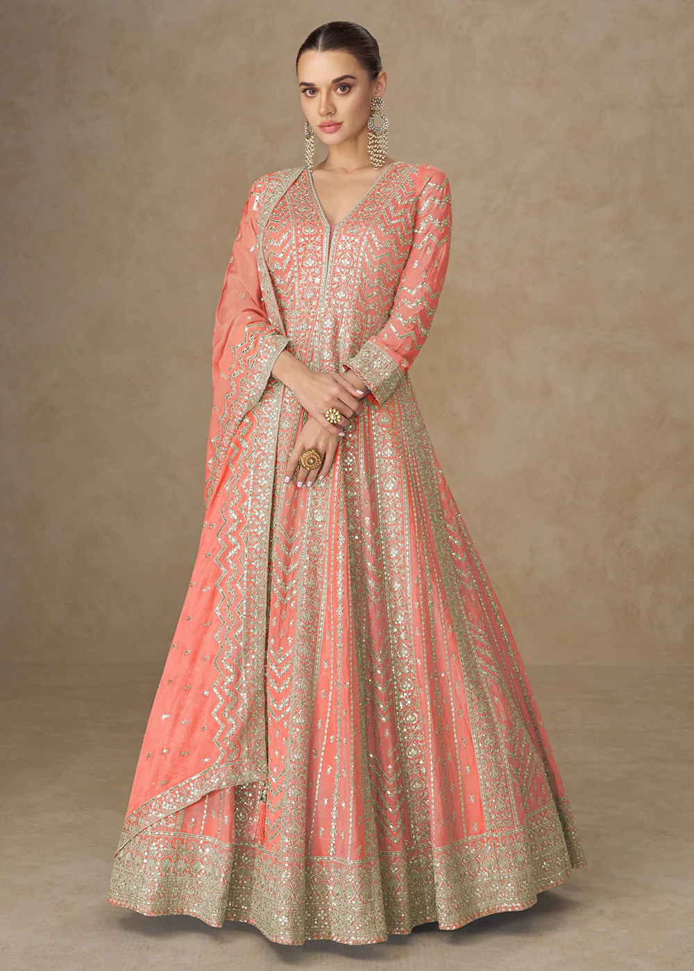 Premium Peach Chinnon Silk Wedding Anarkali Suit