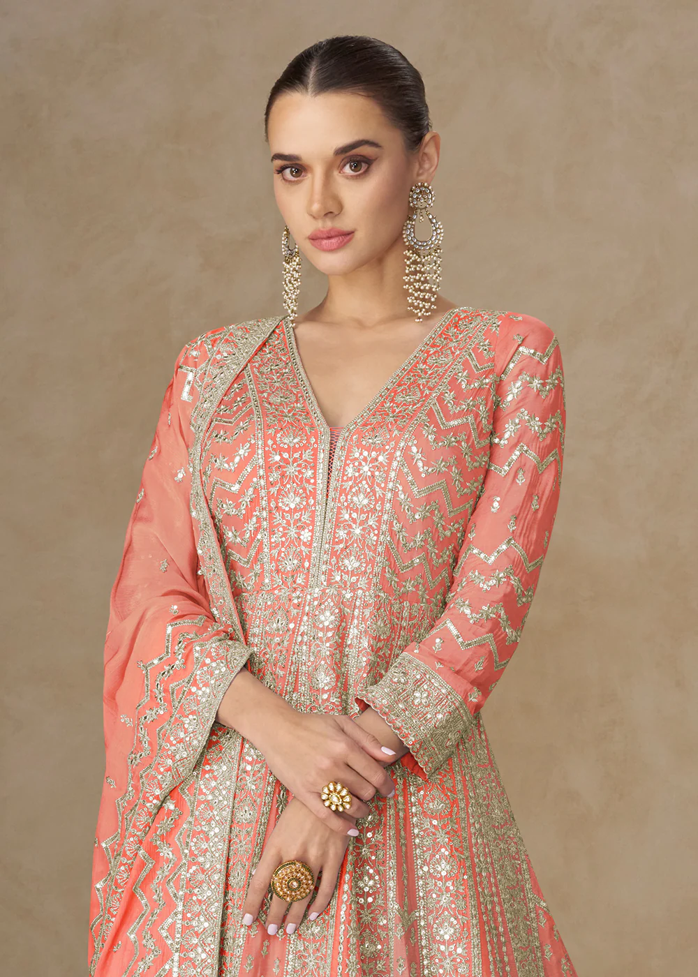 Premium Peach Chinnon Silk Wedding Anarkali Suit - Image 2