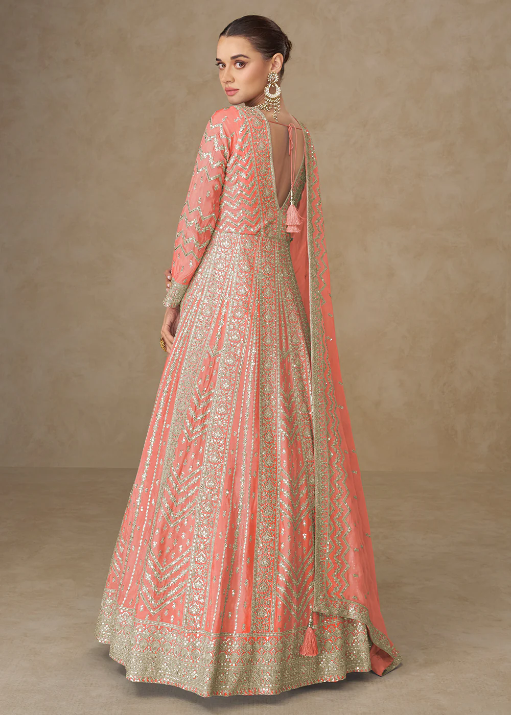 Premium Peach Chinnon Silk Wedding Anarkali Suit - Image 3