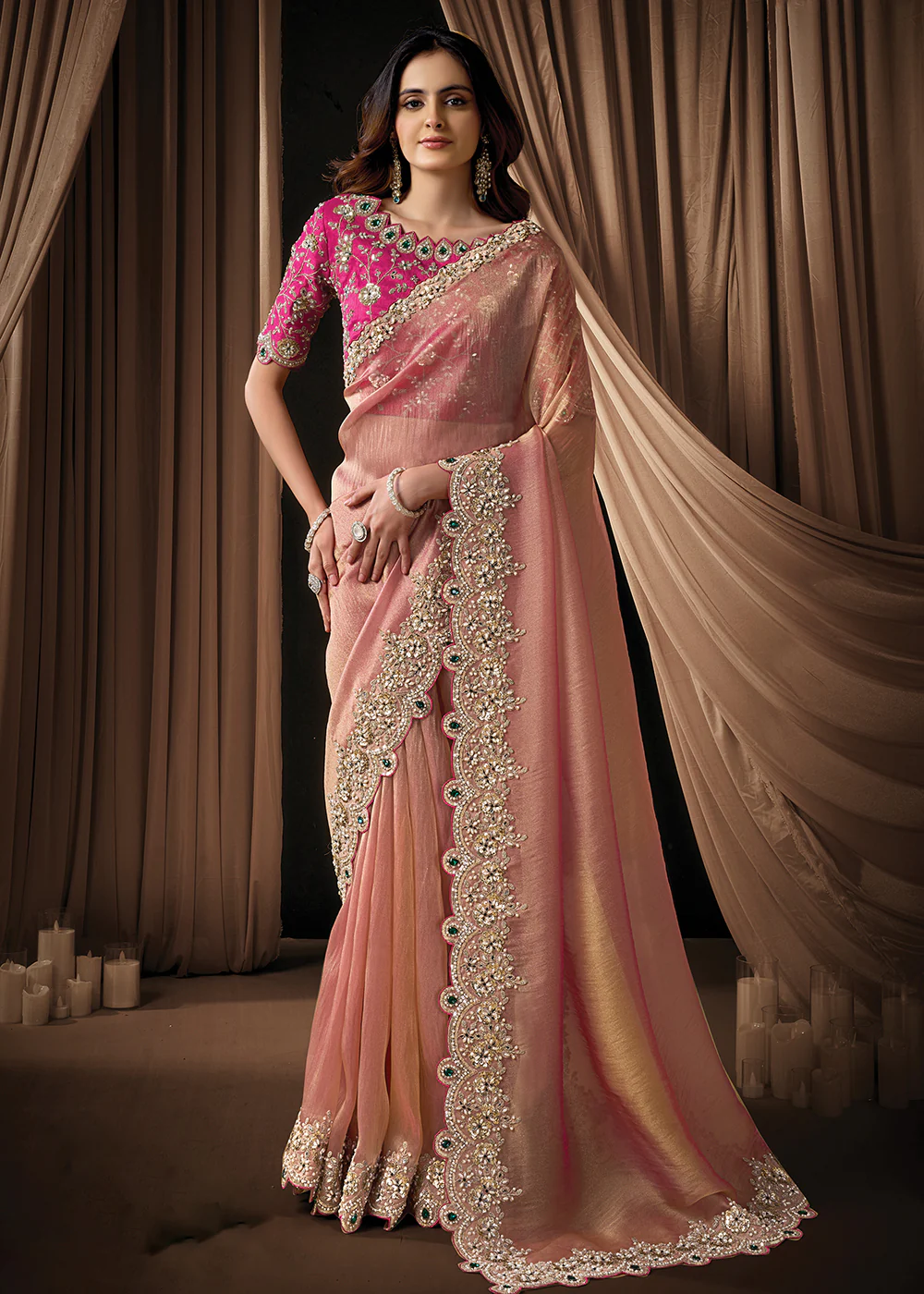 Premium Peachy Pink Embroidered Heavy Designer Wear Saree