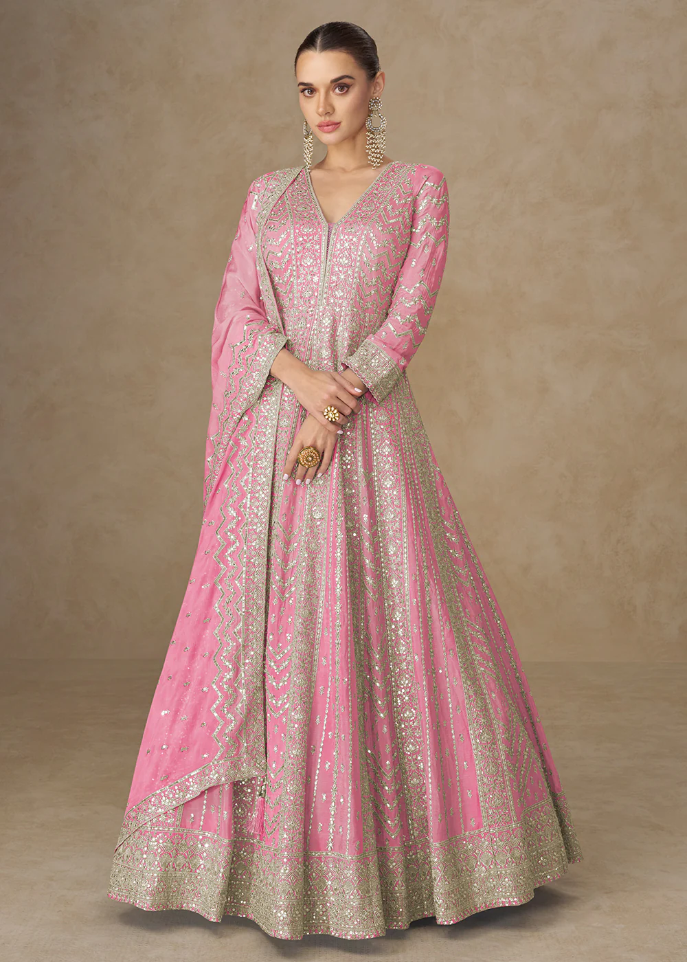 Premium Pink Chinnon Silk Wedding Anarkali Suit