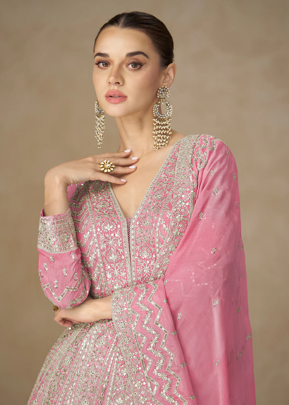 Premium Pink Chinnon Silk Wedding Anarkali Suit - Image 2
