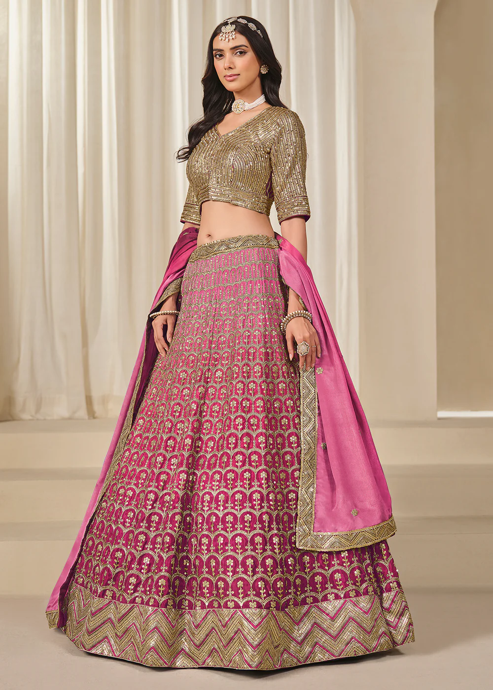 Premium Pink Chinnon Silk Wedding Festive Lehenga Choli
