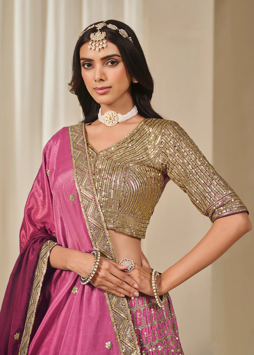 Premium Pink Chinnon Silk Wedding Festive Lehenga Choli - Image 2