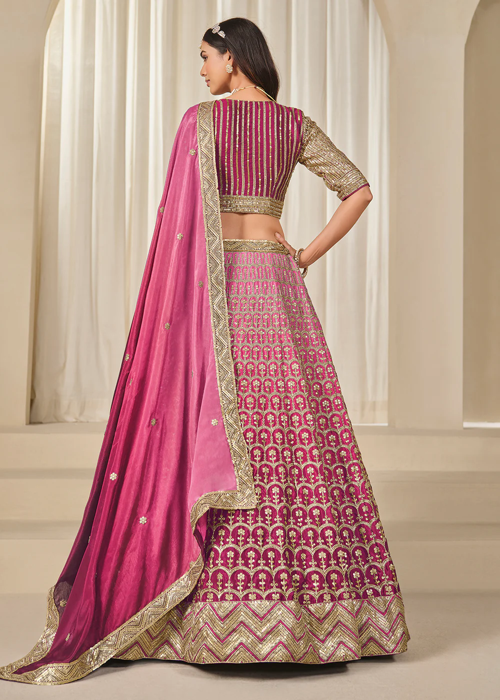 Premium Pink Chinnon Silk Wedding Festive Lehenga Choli - Image 3