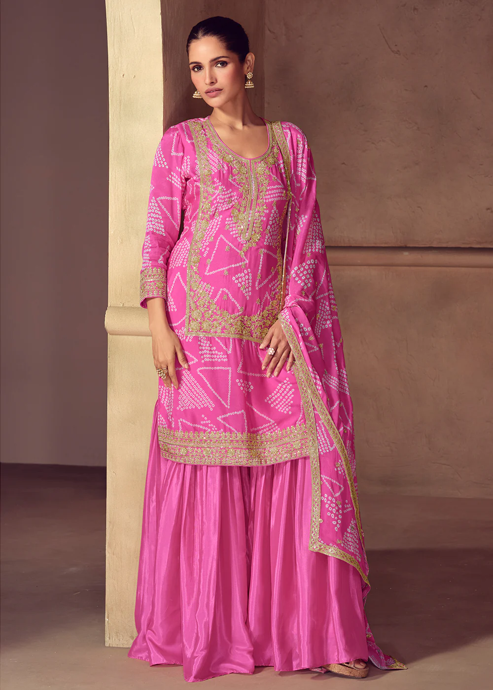 Premium Pink Embroidered Festive Gharara Style Suit