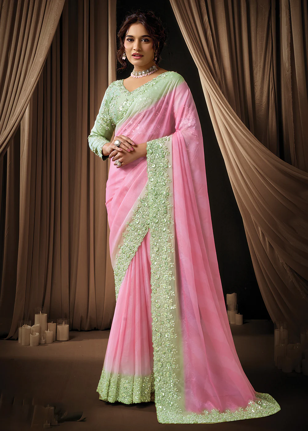 Premium Pink Green Embroidered Heavy Designer Wear Saree