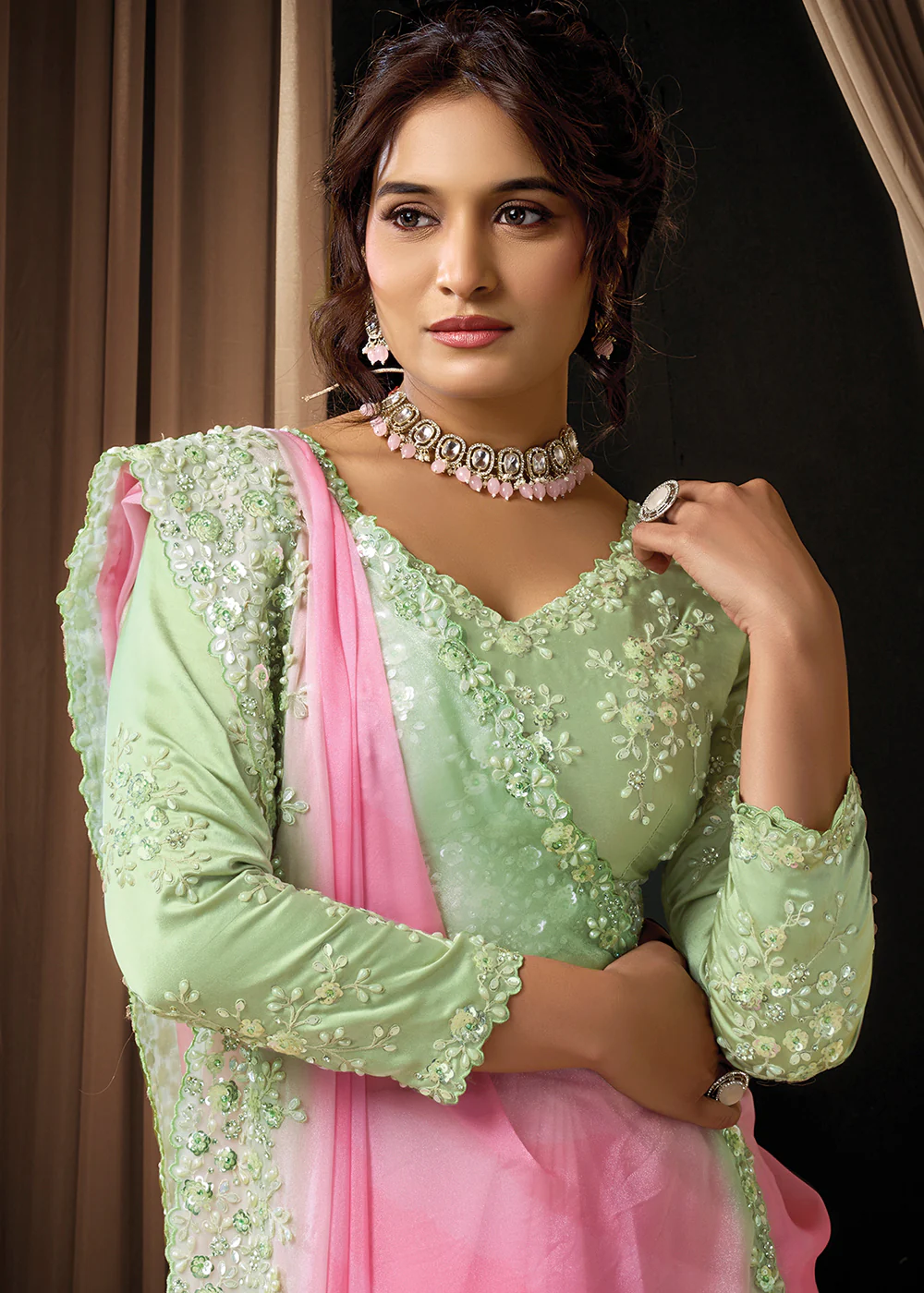 Premium Pink Green Embroidered Heavy Designer Wear Saree - Image 2