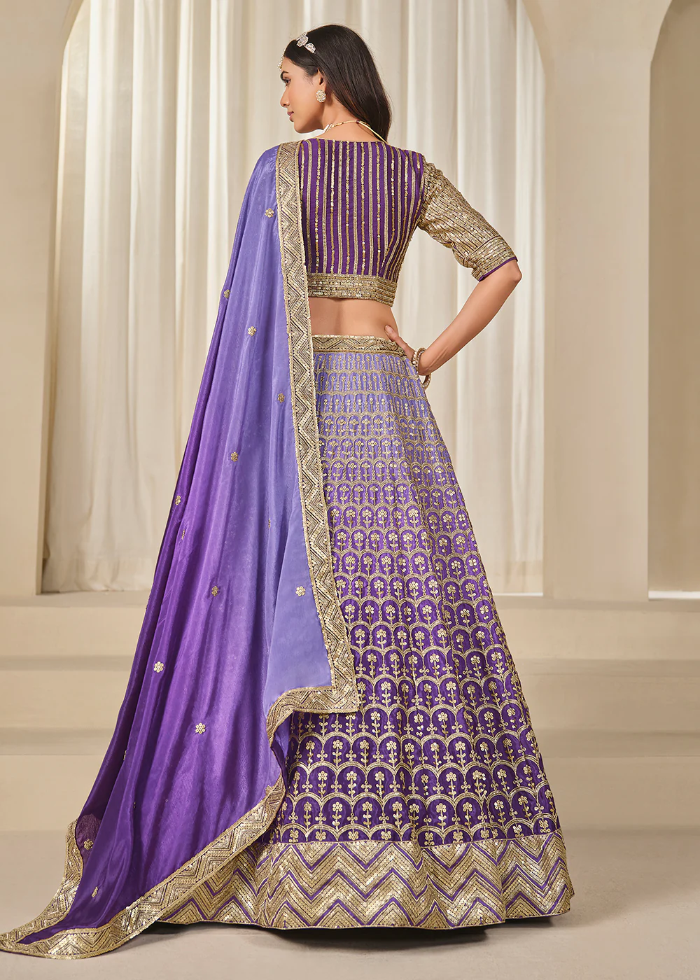 Premium Purple Chinnon Silk Wedding Festive Lehenga Choli - Image 3