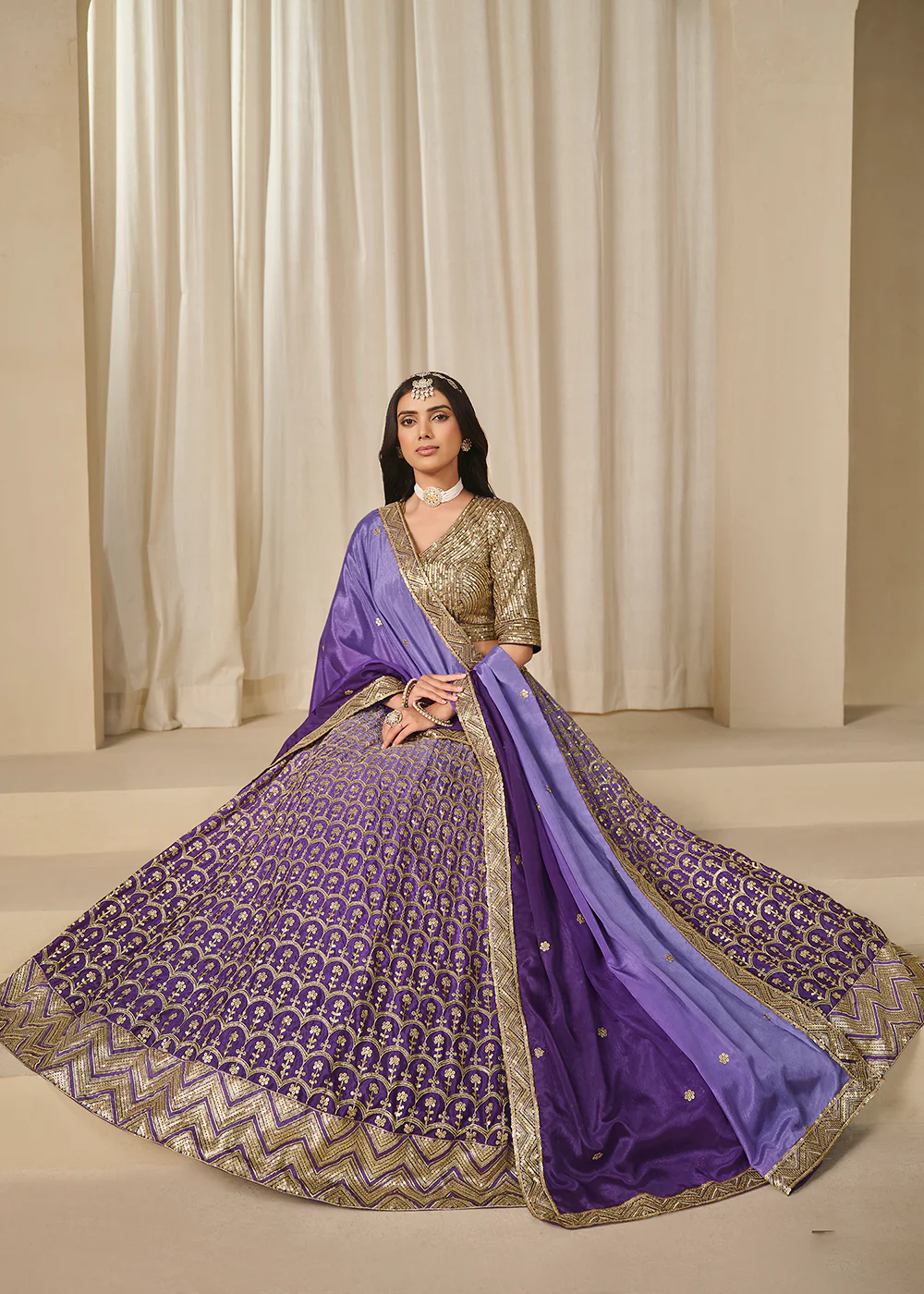Premium Purple Chinnon Silk Wedding Festive Lehenga Choli - Image 4