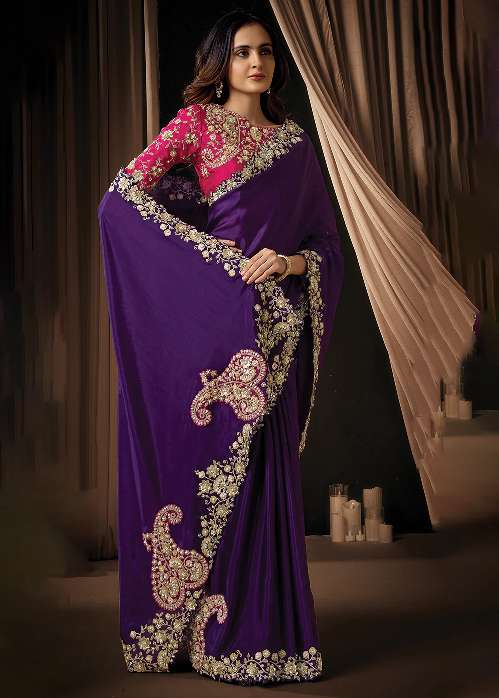 Premium Purple Embroidered Heavy Designer Wear Saree - Image 3