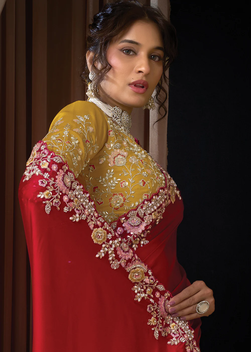 Premium Red Embroidered Heavy Designer Wear Saree - Image 2