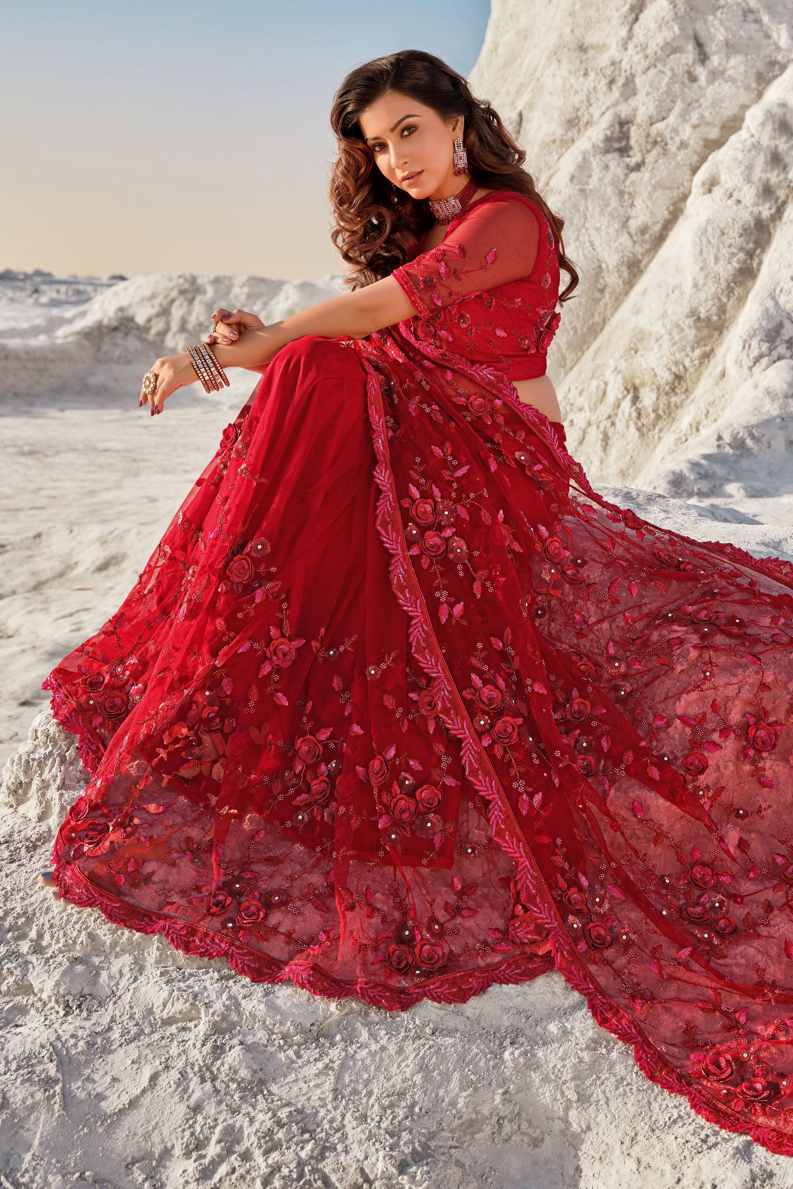 Premium Red Floral Embroidered Net Saree - Image 3