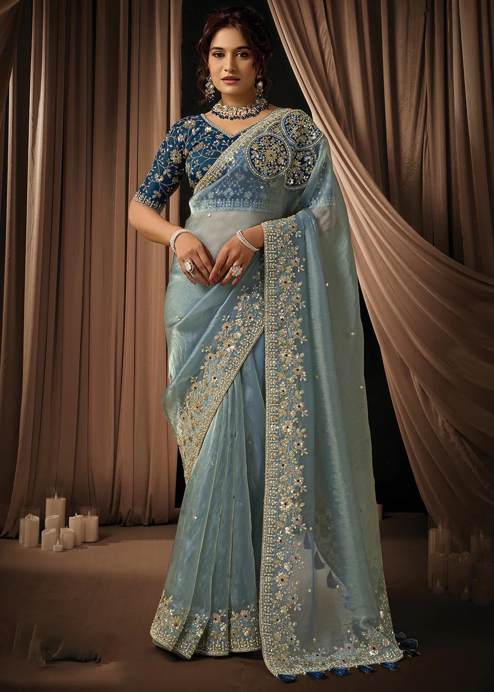 Premium Sea Blue Embroidered Heavy Designer Wear Saree