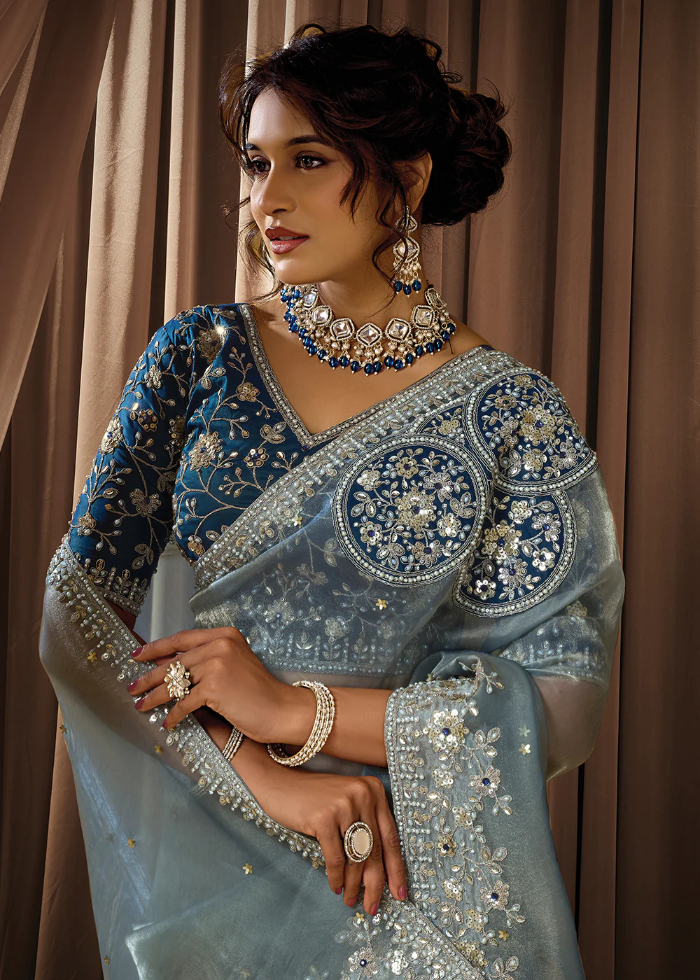 Premium Sea Blue Embroidered Heavy Designer Wear Saree - Image 2