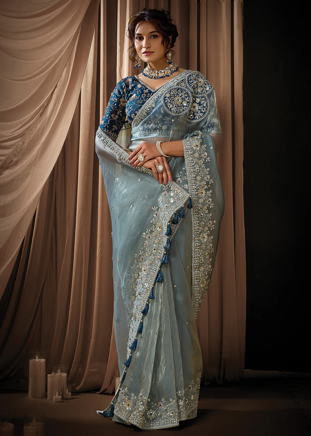 Premium Sea Blue Embroidered Heavy Designer Wear Saree - Image 3
