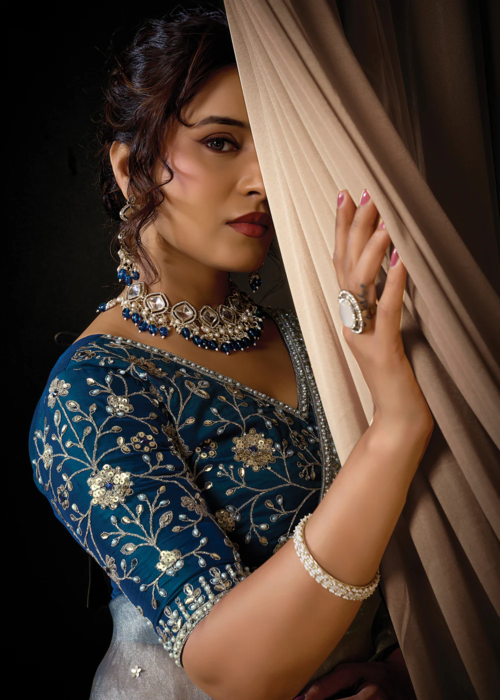 Premium Sea Blue Embroidered Heavy Designer Wear Saree - Image 4