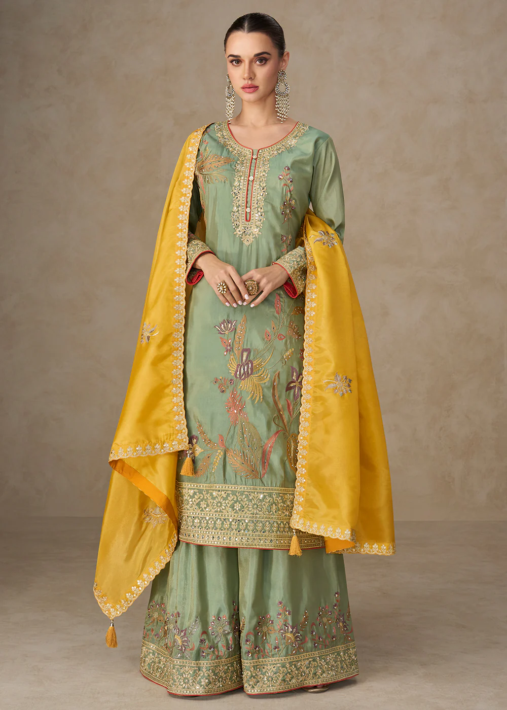 Premium Shimmer Silk Lovely Green Palazzo Suit