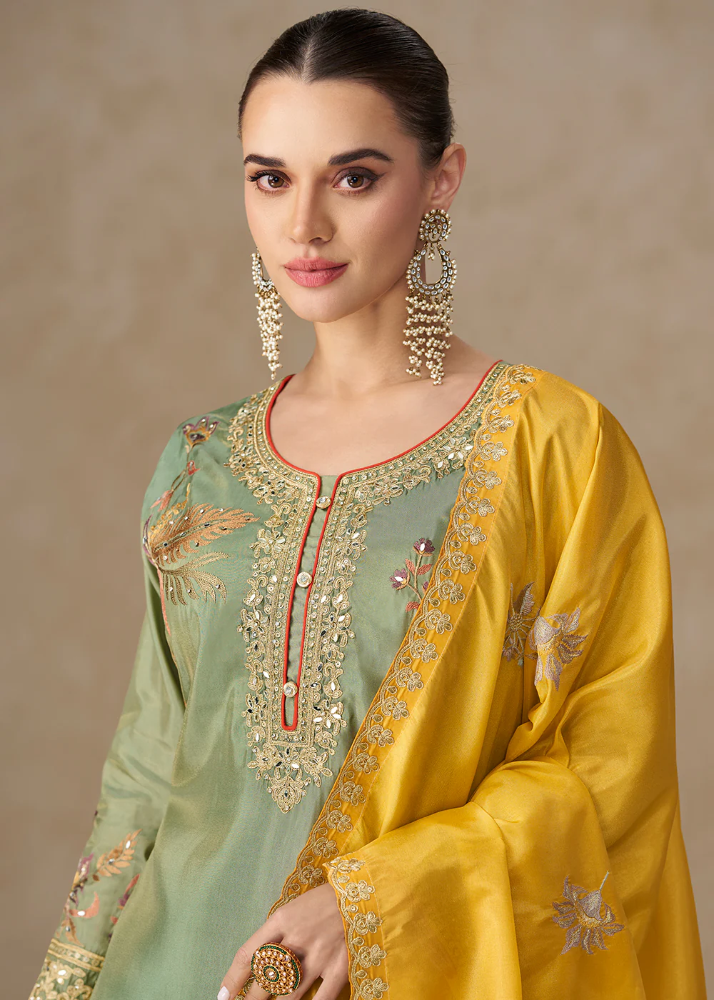 Premium Shimmer Silk Lovely Green Palazzo Suit - Image 2