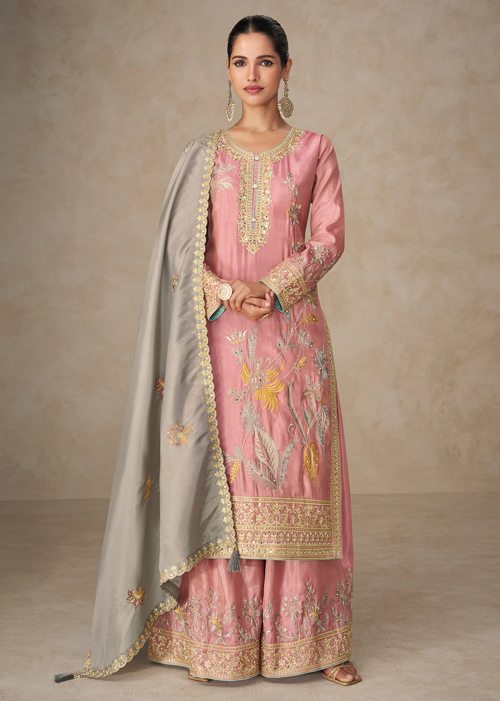 Premium Shimmer Silk Lovely Pink Palazzo Suit