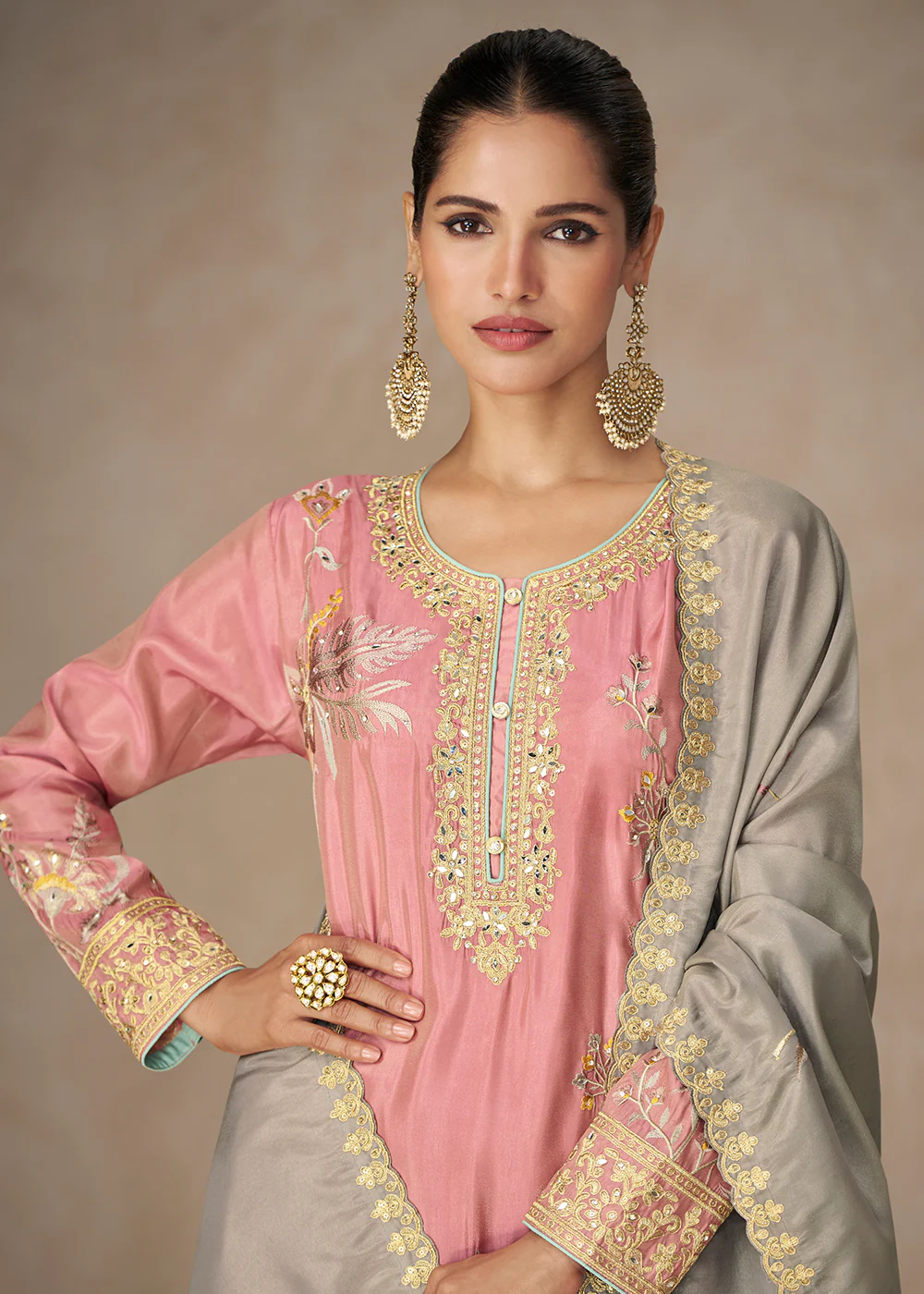 Premium Shimmer Silk Lovely Pink Palazzo Suit - Image 2