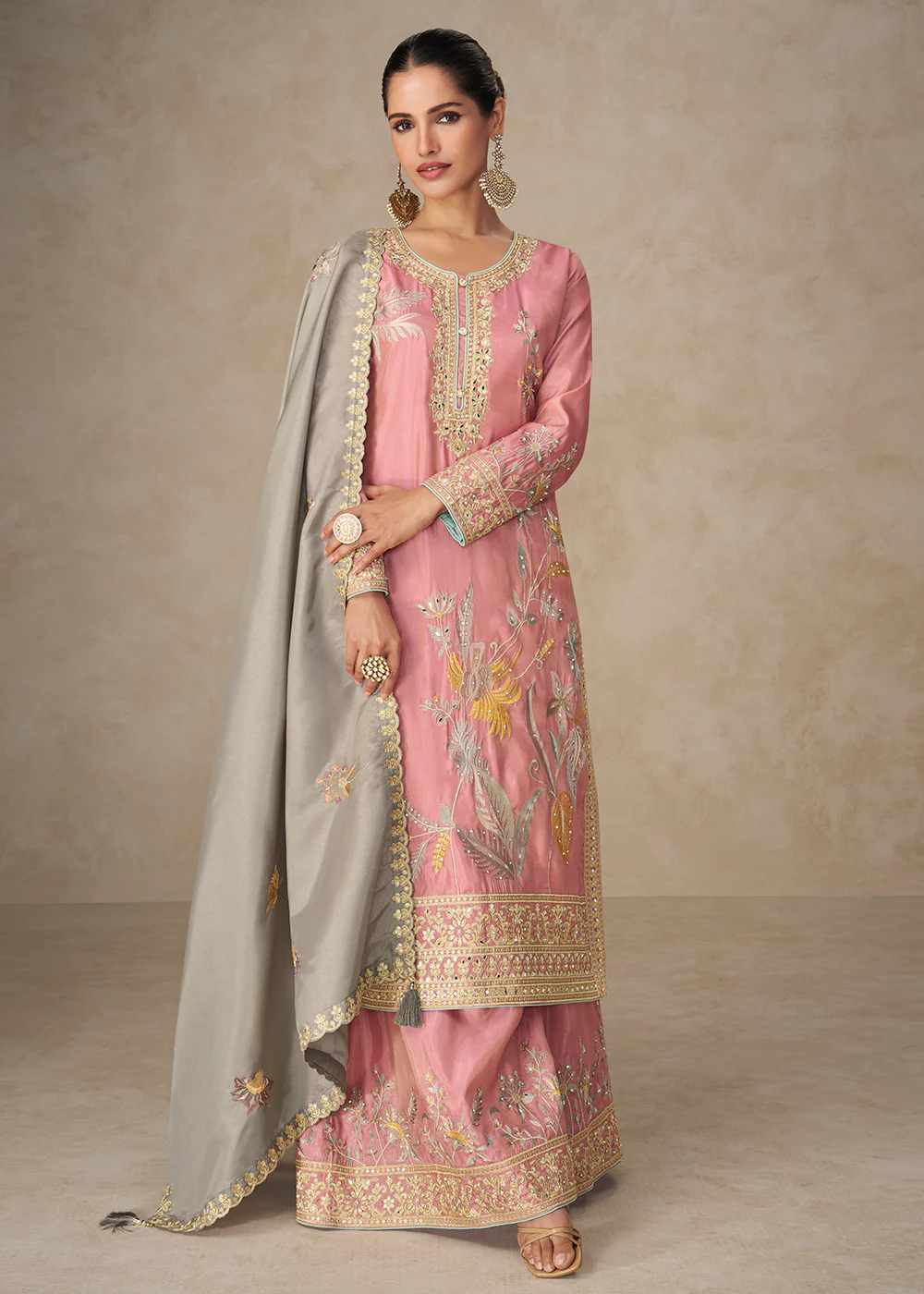 Premium Shimmer Silk Lovely Pink Palazzo Suit - Image 3
