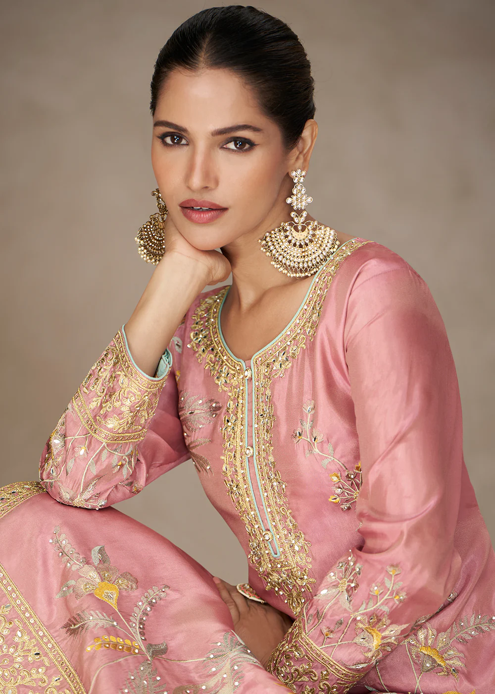 Premium Shimmer Silk Lovely Pink Palazzo Suit - Image 4