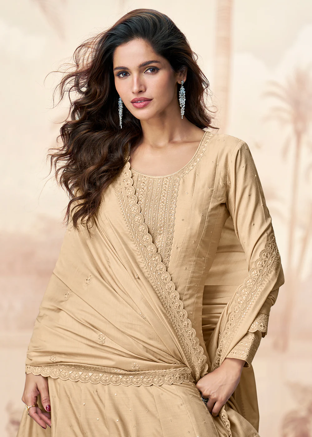 Premium Silk Beige Embroidered Wedding Wear Anarkali Suit - Image 2