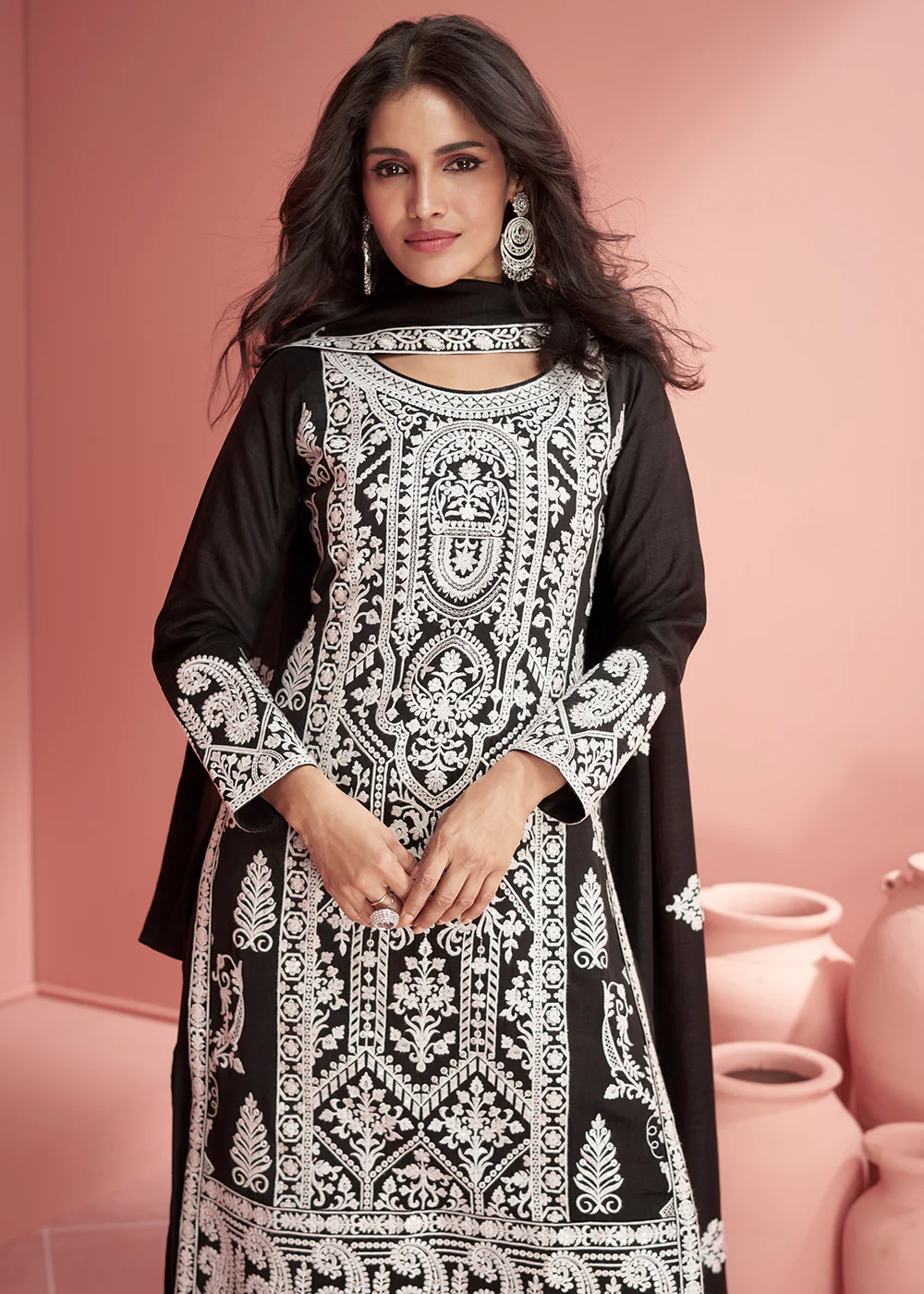Premium Silk Black Embroidered Eid Style Palazzo Suit - Image 2