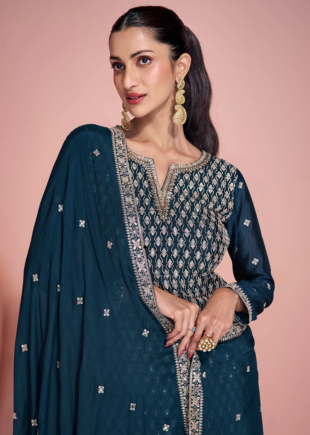 Premium Silk Blue Embroidered Sharara Style Suit - Image 2