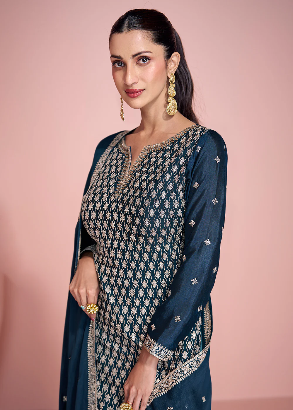 Premium Silk Blue Embroidered Sharara Style Suit - Image 3
