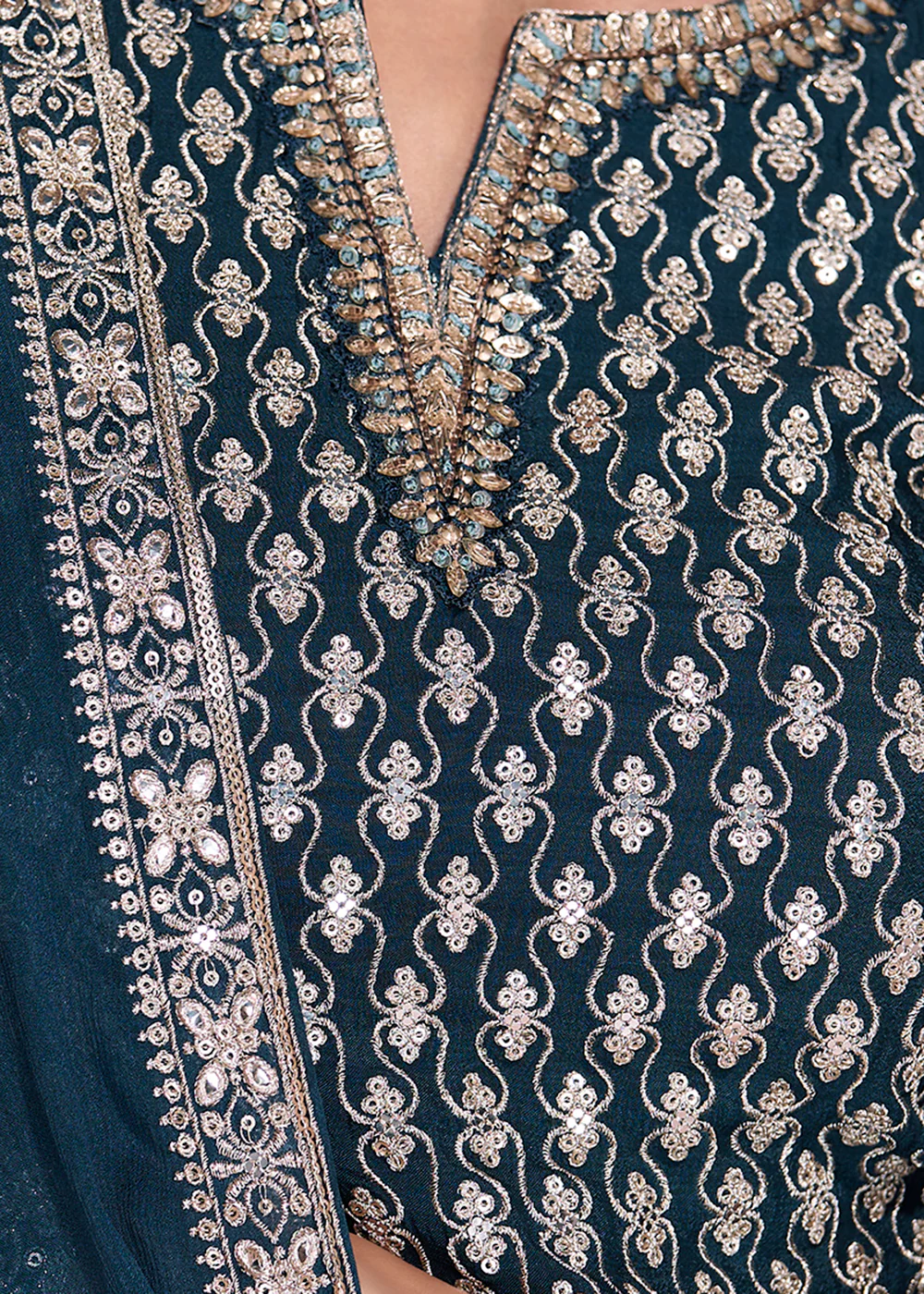Premium Silk Blue Embroidered Sharara Style Suit - Image 4