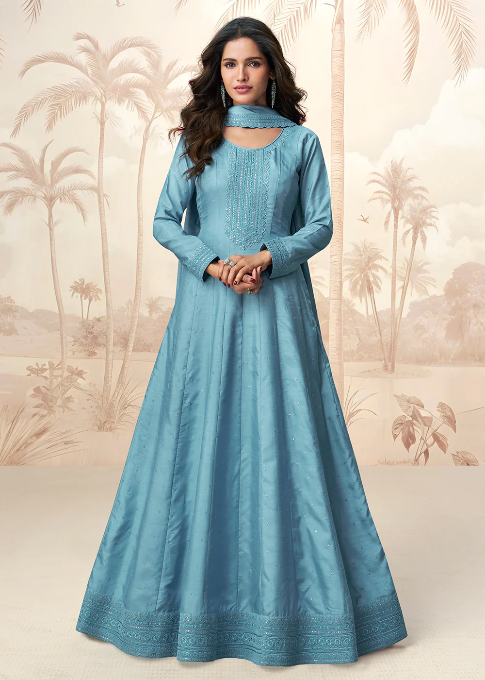 Premium Silk Blue Embroidered Wedding Wear Anarkali Suit